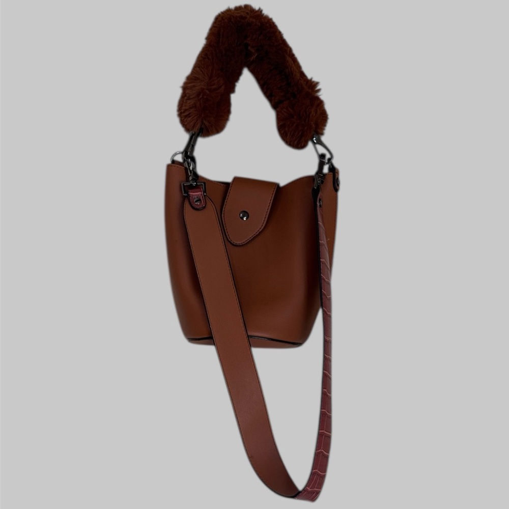TopShop Faux‎ Fur Handle Caramel Brown Small  Bag w/ Mini Bag Inside - Picture 2 of 10